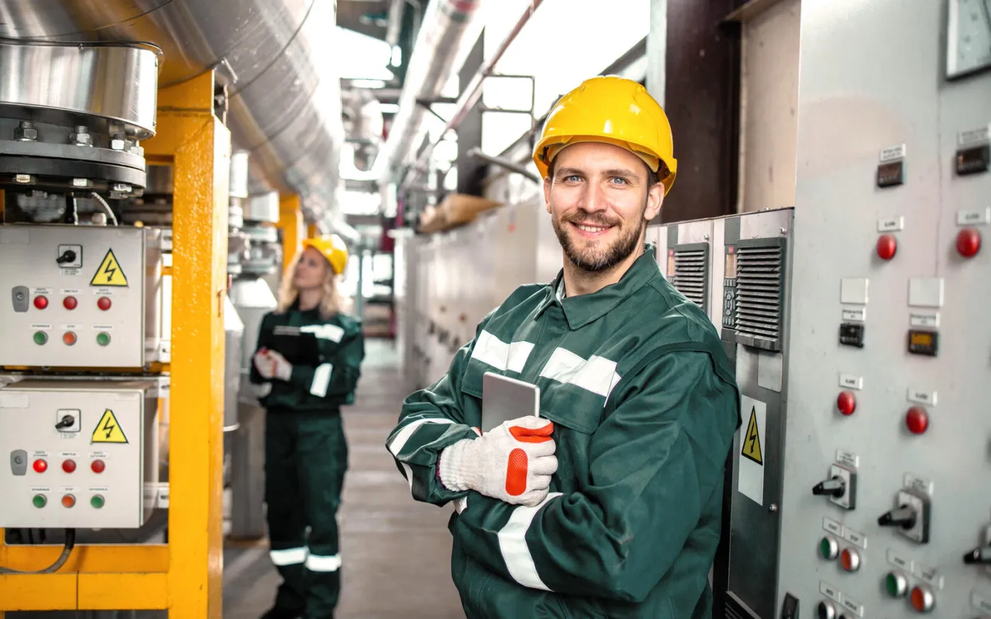 Porträt eines industriellen Elektroingenieurs, der in der Ölraffinerie an der Stromversorgung steht.