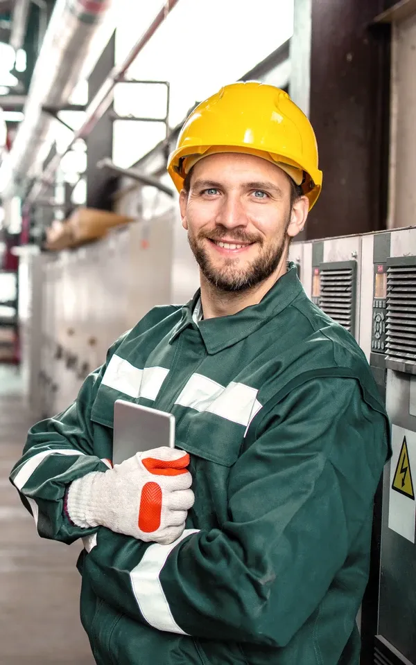 Porträt eines industriellen Elektroingenieurs, der in der Ölraffinerie an der Stromversorgung steht.