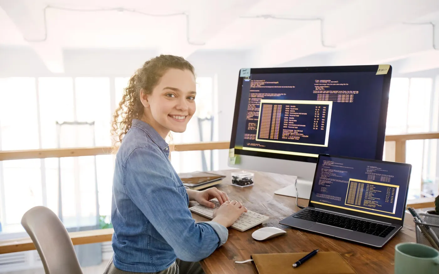 Porträt einer IT-Entwicklerin, die in die Kamera lächelt, während sie auf der Tastatur tippt, mit Programmiercode auf dem Computerbildschirm