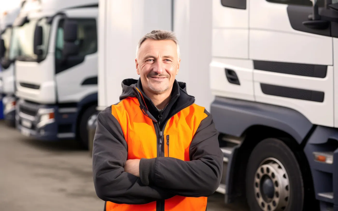 Glückliches und lächelndes LKW-Fahrerporträt vor Lastwagen