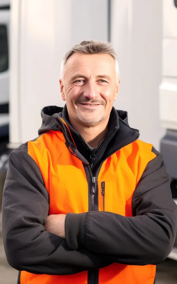 Glückliches und lächelndes LKW-Fahrerporträt vor Lastwagen