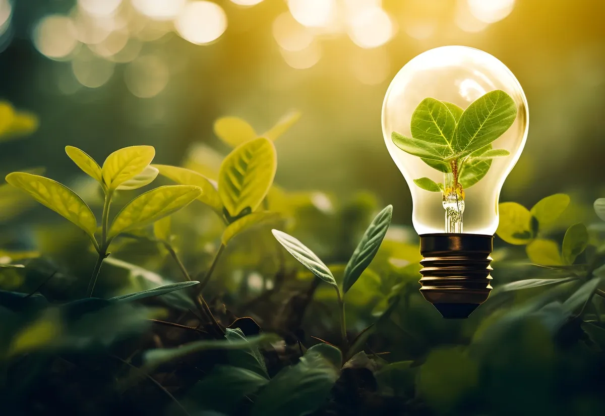 Hand hält Glühbirne gegen die Natur auf grünem Blatt mit Energiequellen, nachhaltige Entwicklung und verantwortungsvolle Umwelt